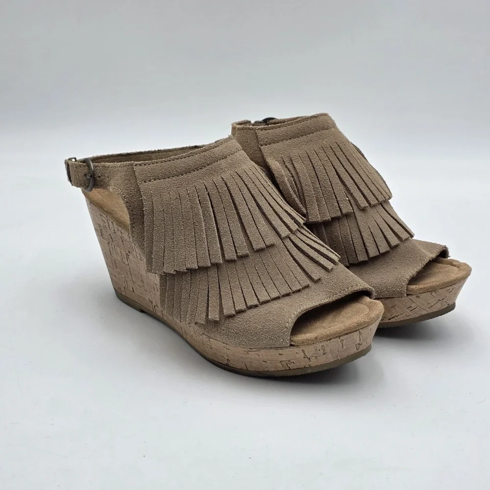 Minnetonka Ashley Fringe Espadrille Wedge Sandals US Size 6 M Taupe Brown Boho